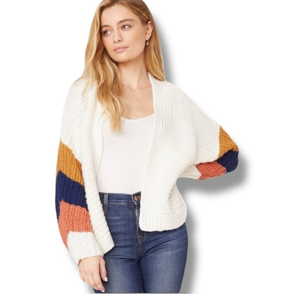 BB Dakota Sweaters - BB Dakota Cream/Navy/Orange Dolman Sleeve Open Front Women's Relaxed Cardigan